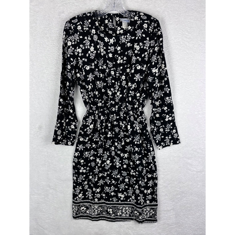 Bedford Fair Floral Dress Long‎ Sleeve Black White Rayon Elastic Waist Size 6